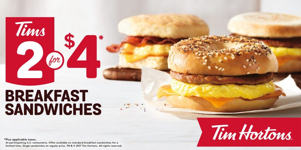 Tim Hortons two for four dollars breakfast sandwiches advertisement